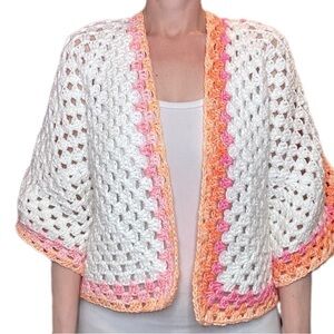 Cardigan Pink White orange Crochet open front handmade acrylic granny square
